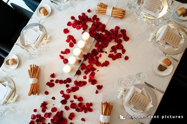 allestimento tavolo sposi con candele e petali di rose